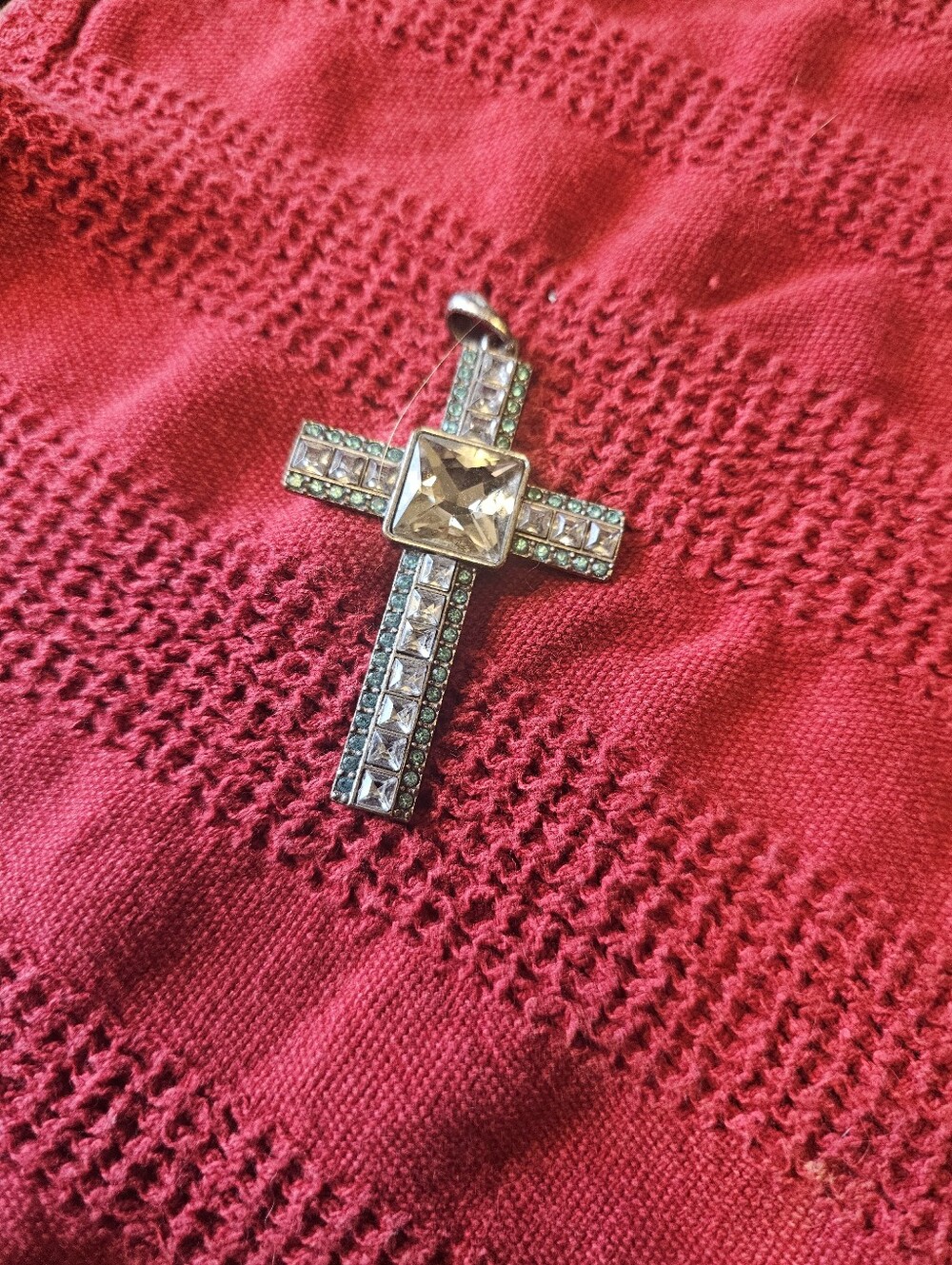 Silver Cross Pendant With White And Light Blue Stones